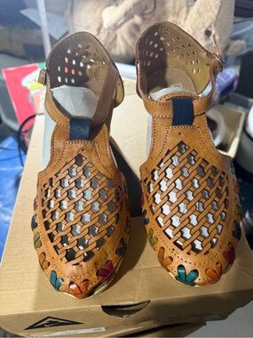 Tan Woven Leather Wedge Sandals with Multicolor Trim